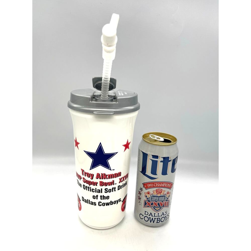Dallas Cowboys Superbowl XXV!! 27 Troy Aikman Cup & Cowboys Miller Lite Beer Can